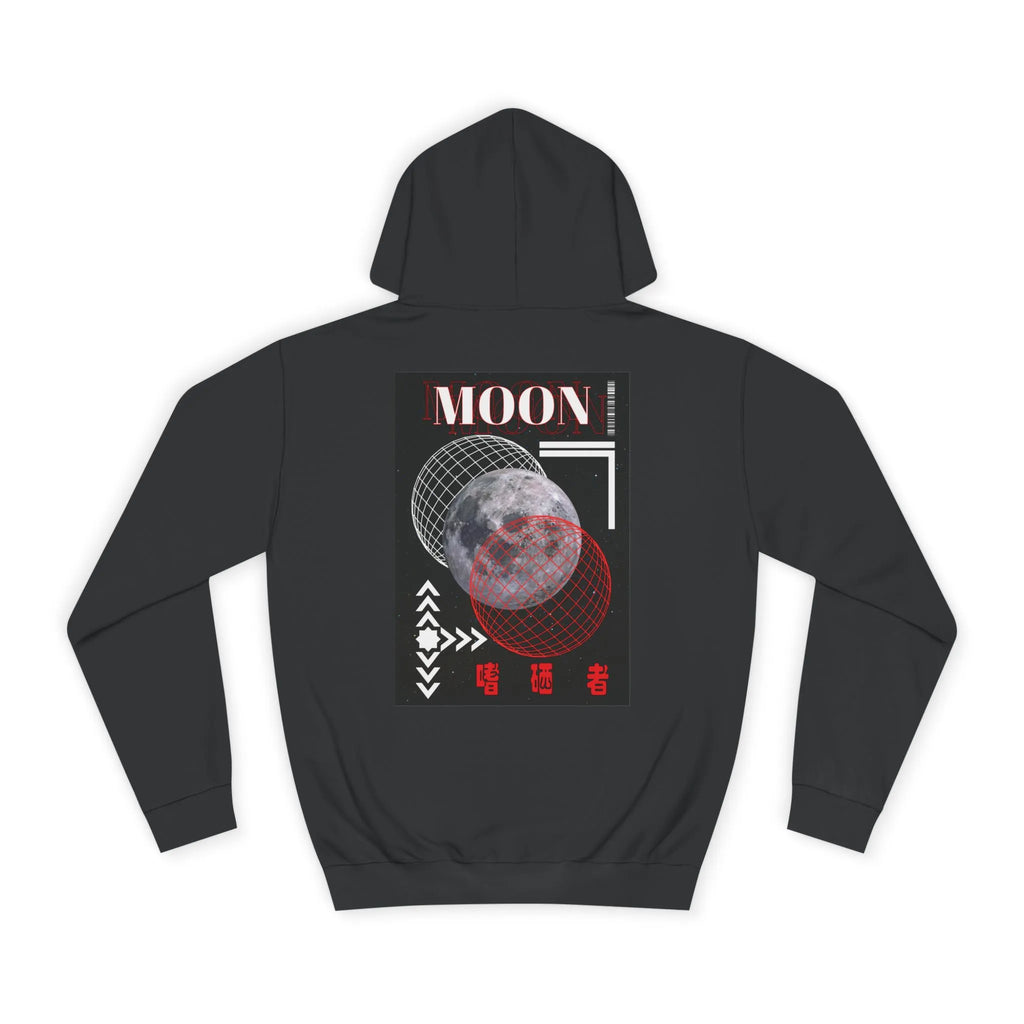 Maroon hoodie with moon graphic on the back against a white background