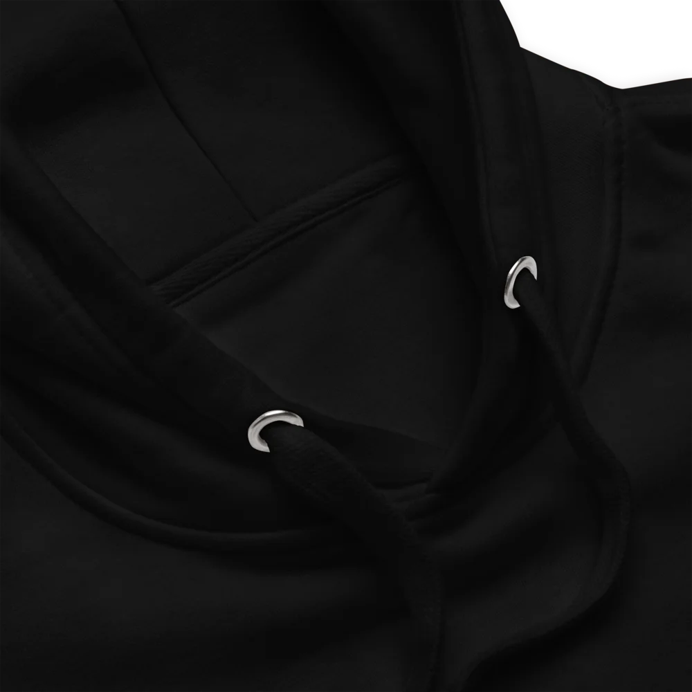 Close-up of a black garment with a zipper and button detail on a white background