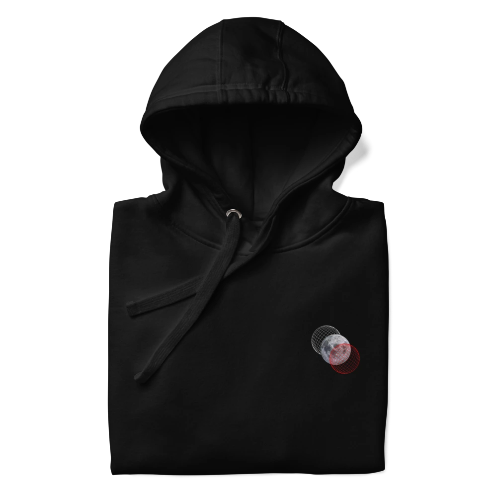 Black hoodie with a small embroidered design on a white background