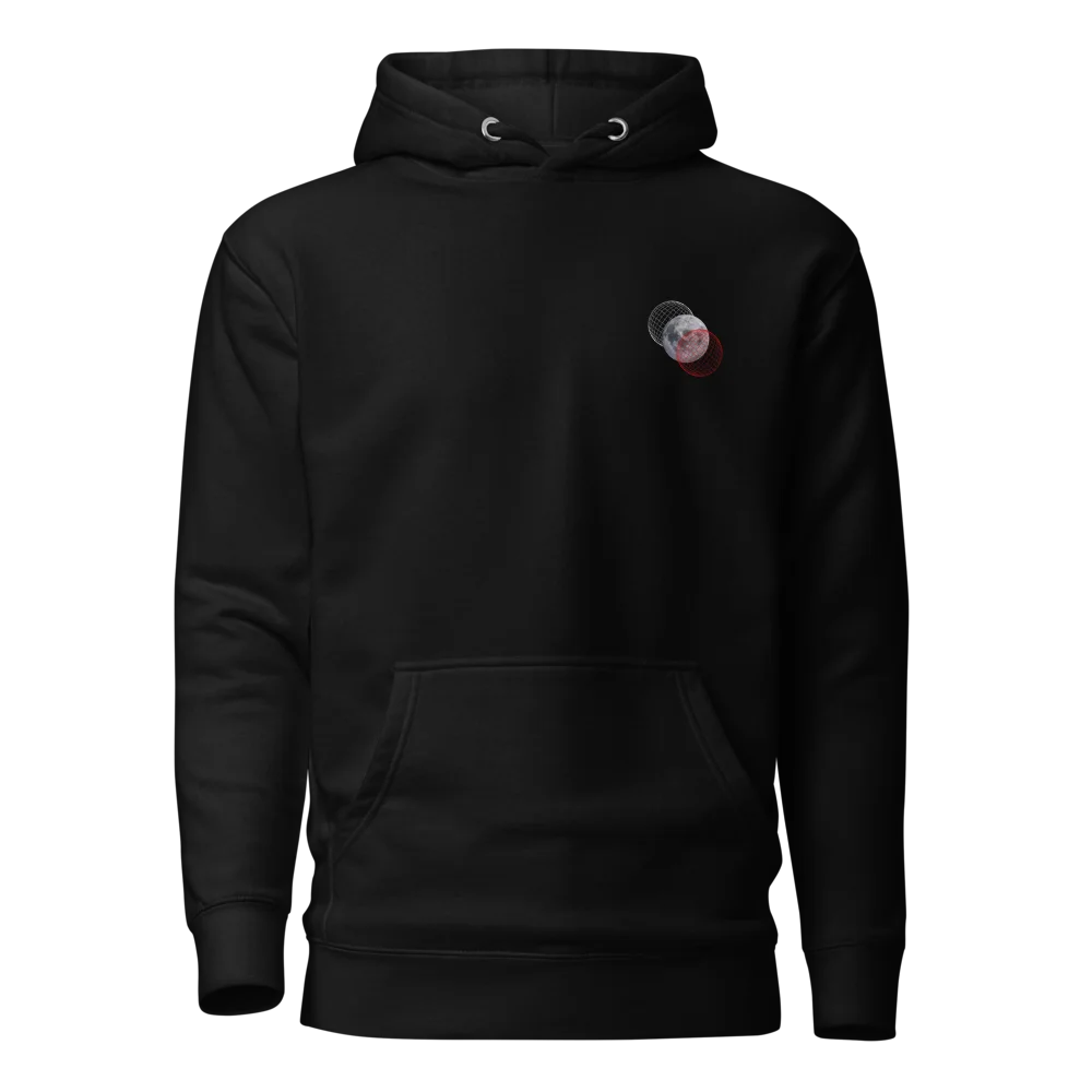 Black hoodie with a small graphic on the chest against a white background