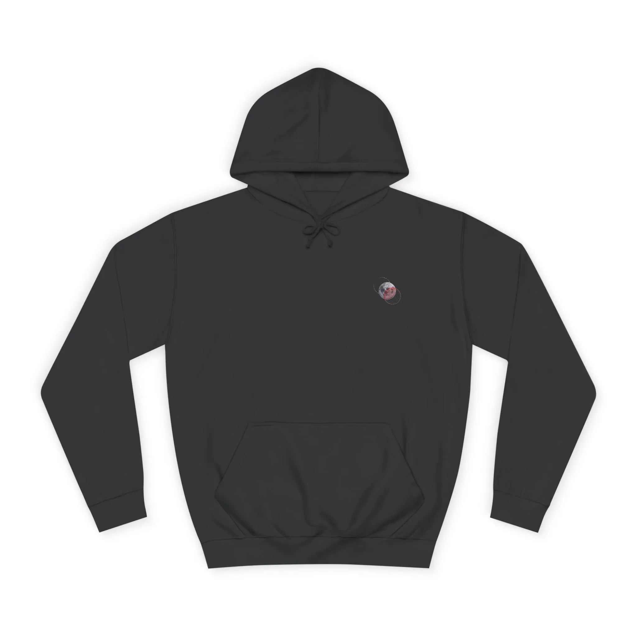 Black hoodie with a small logo on the chest against a white background