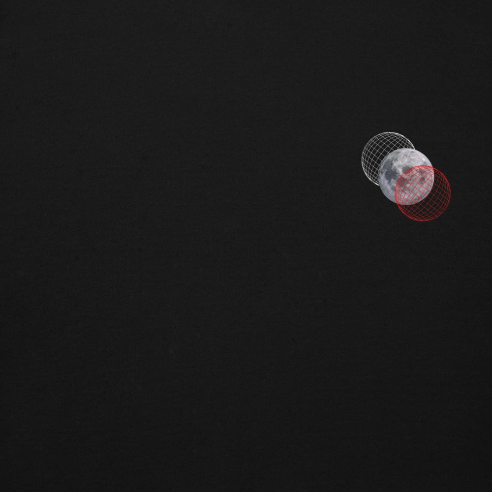 Digital illustration of a moon with a red outline on a black background