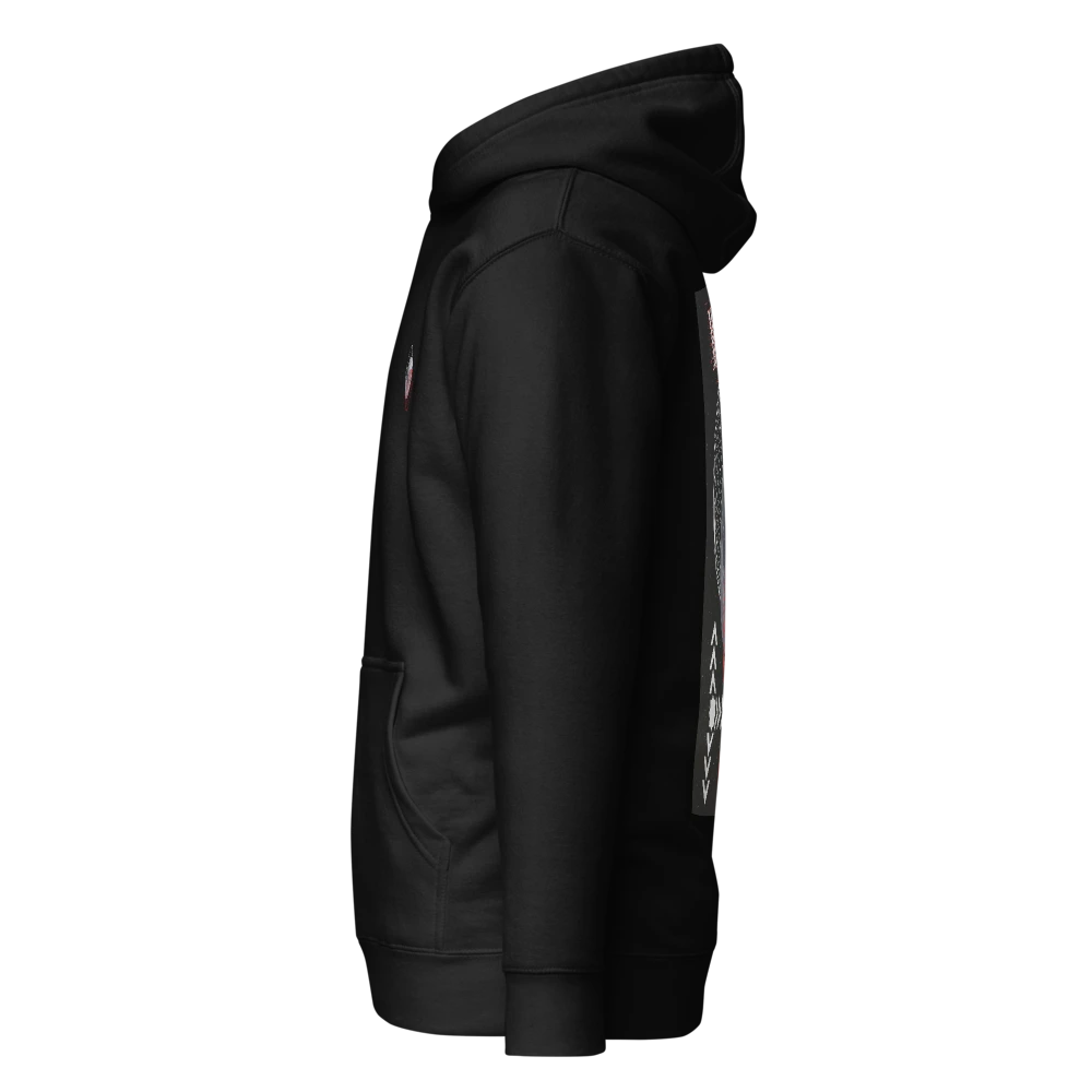 Black hoodie with text on sleeve against a white background