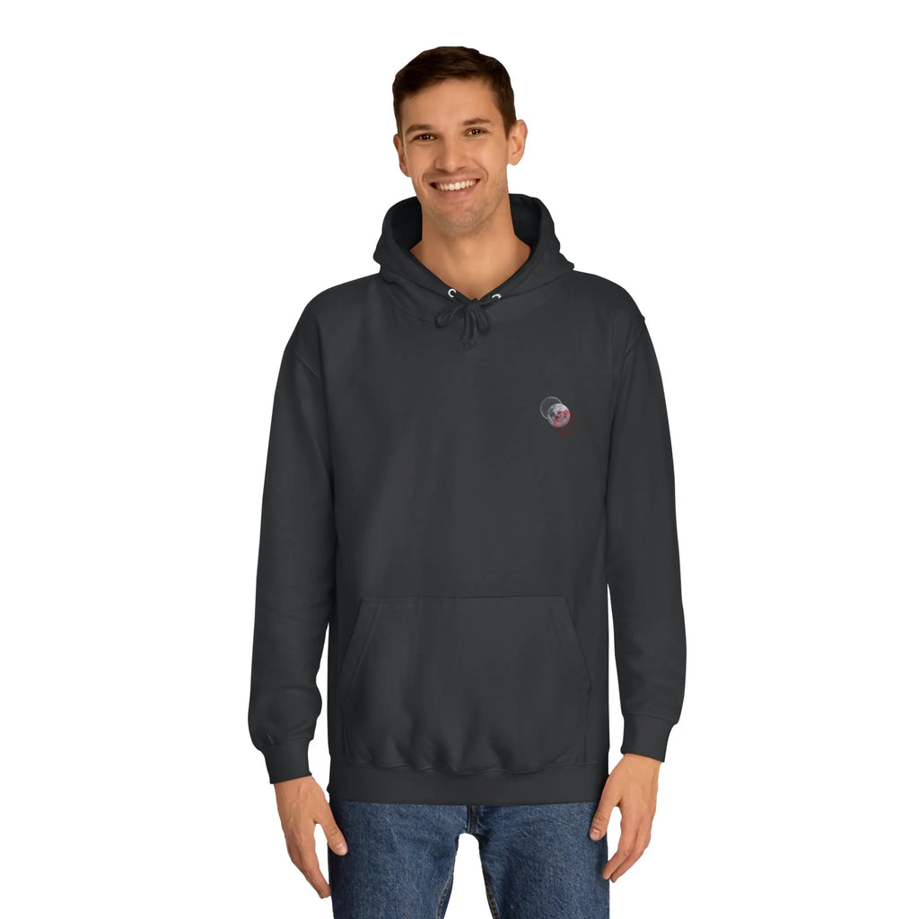 Man wearing a dark gray hoodie with a logo on a white background