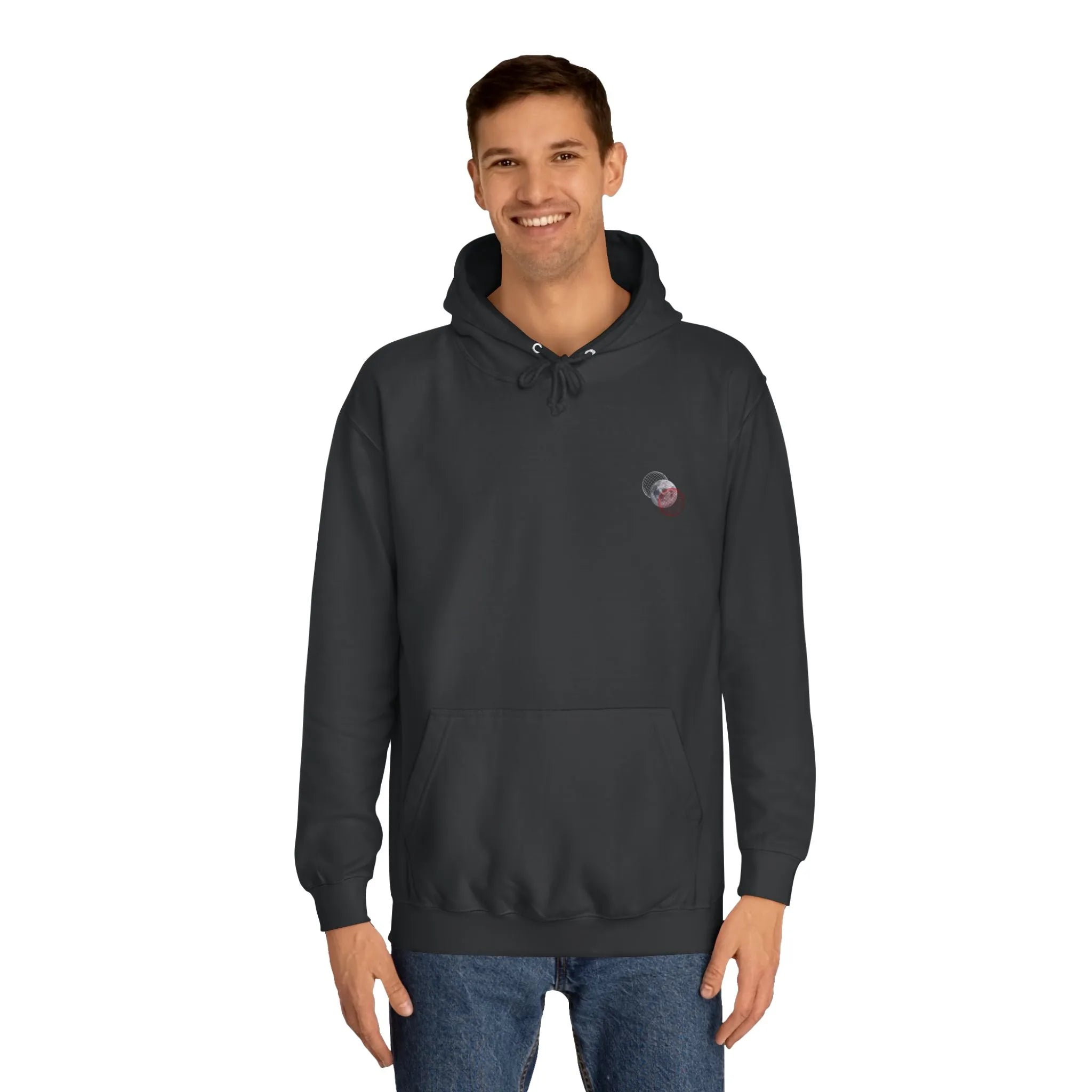 Man wearing a dark gray hoodie with a logo on a white background