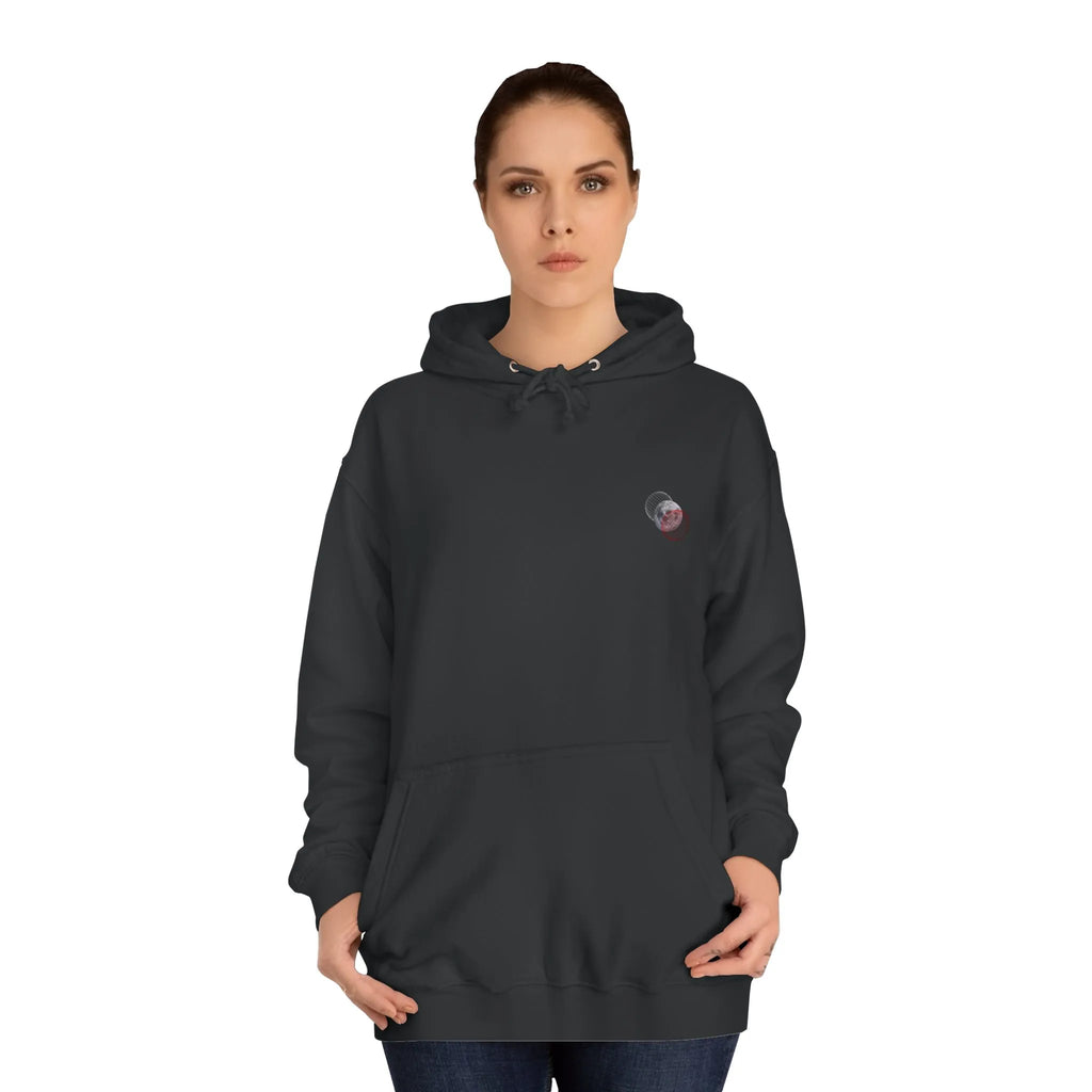Woman wearing a black hoodie with text on a white background