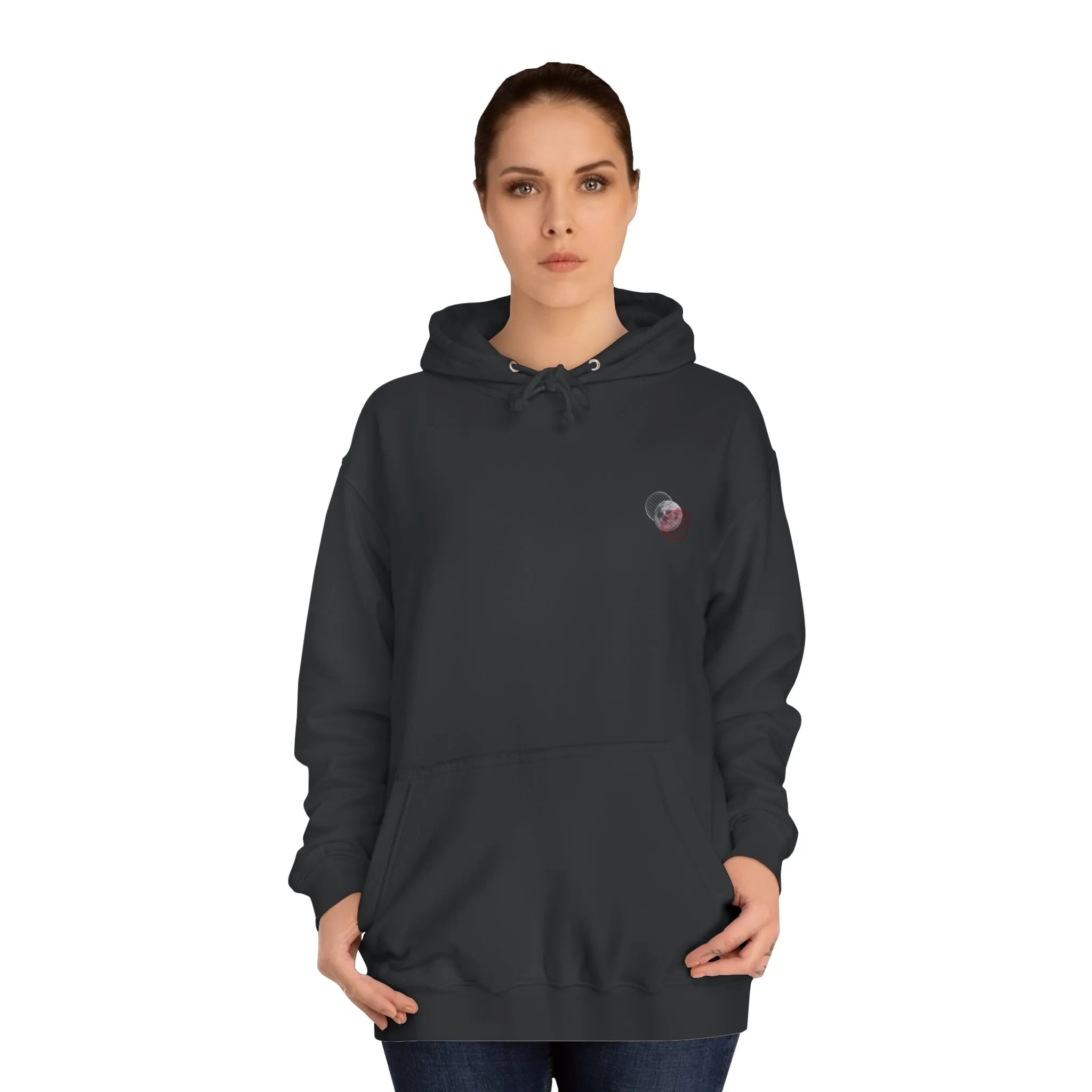 Woman wearing a black hoodie with text on a white background
