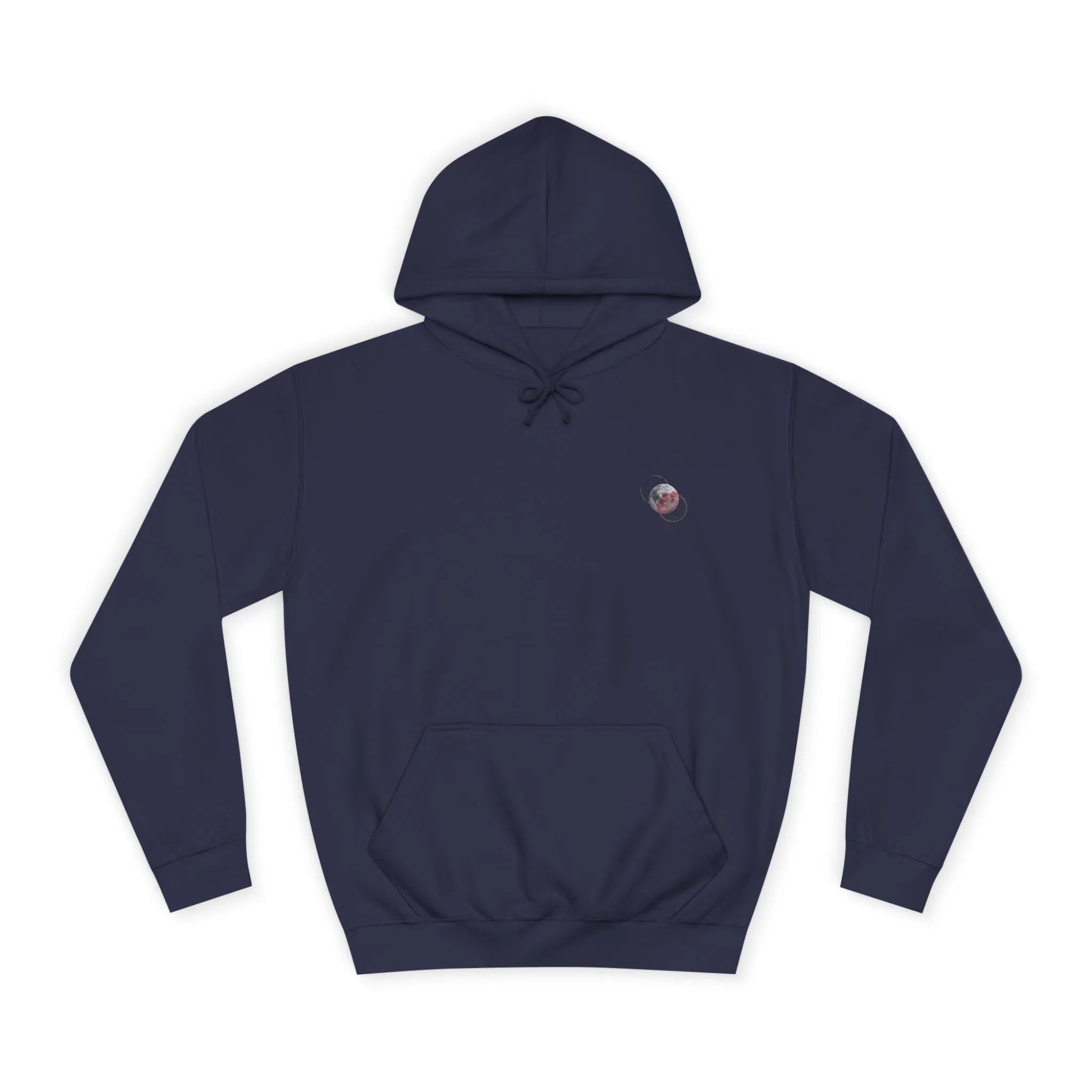 Navy blue hoodie with a small logo on the chest against a white background