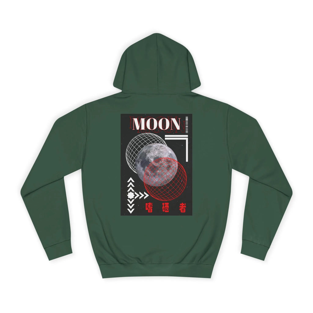 Green hoodie with a graphic design of a moon on the back, displayed on a white background.