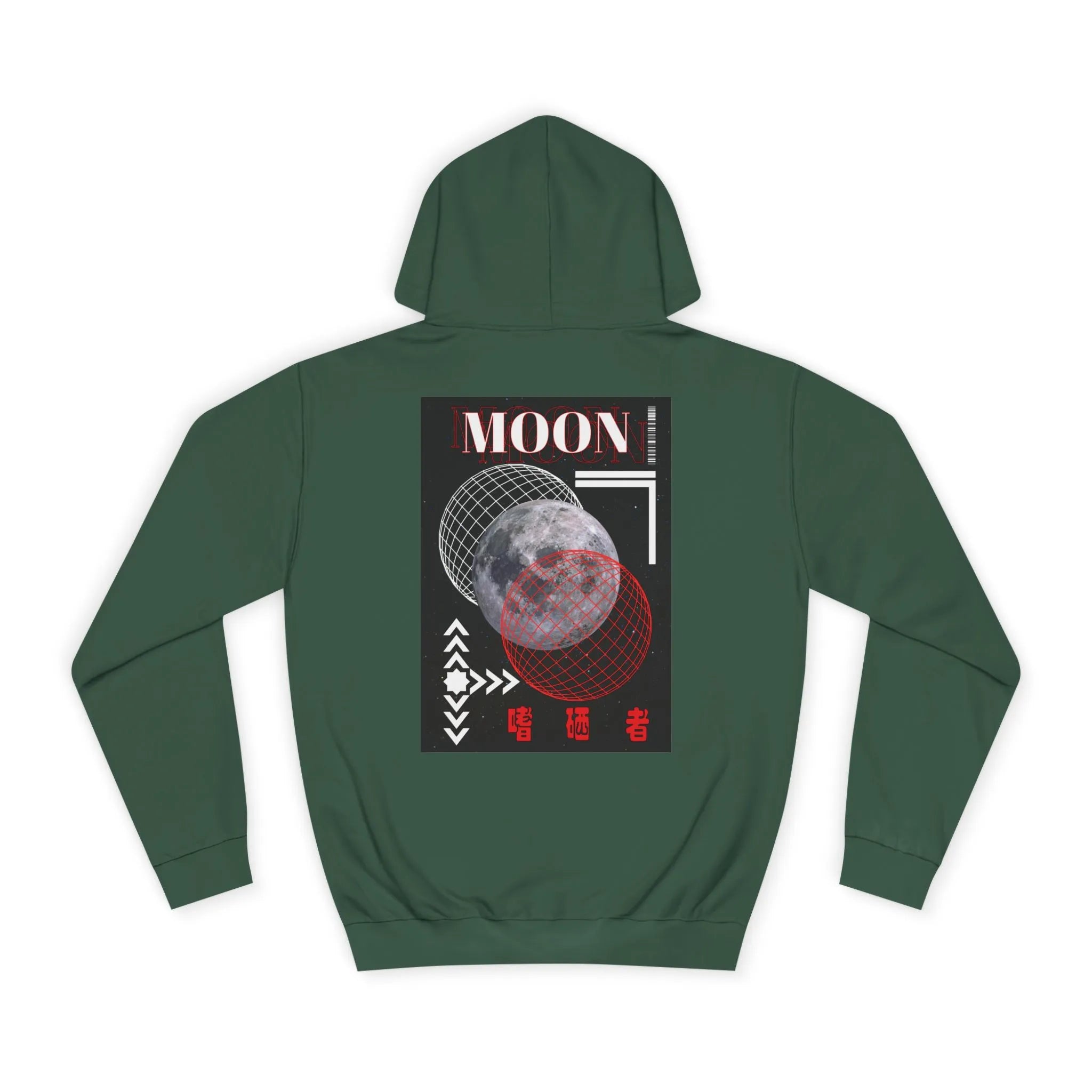 Green hoodie with a graphic design of a moon on the back, displayed on a white background.