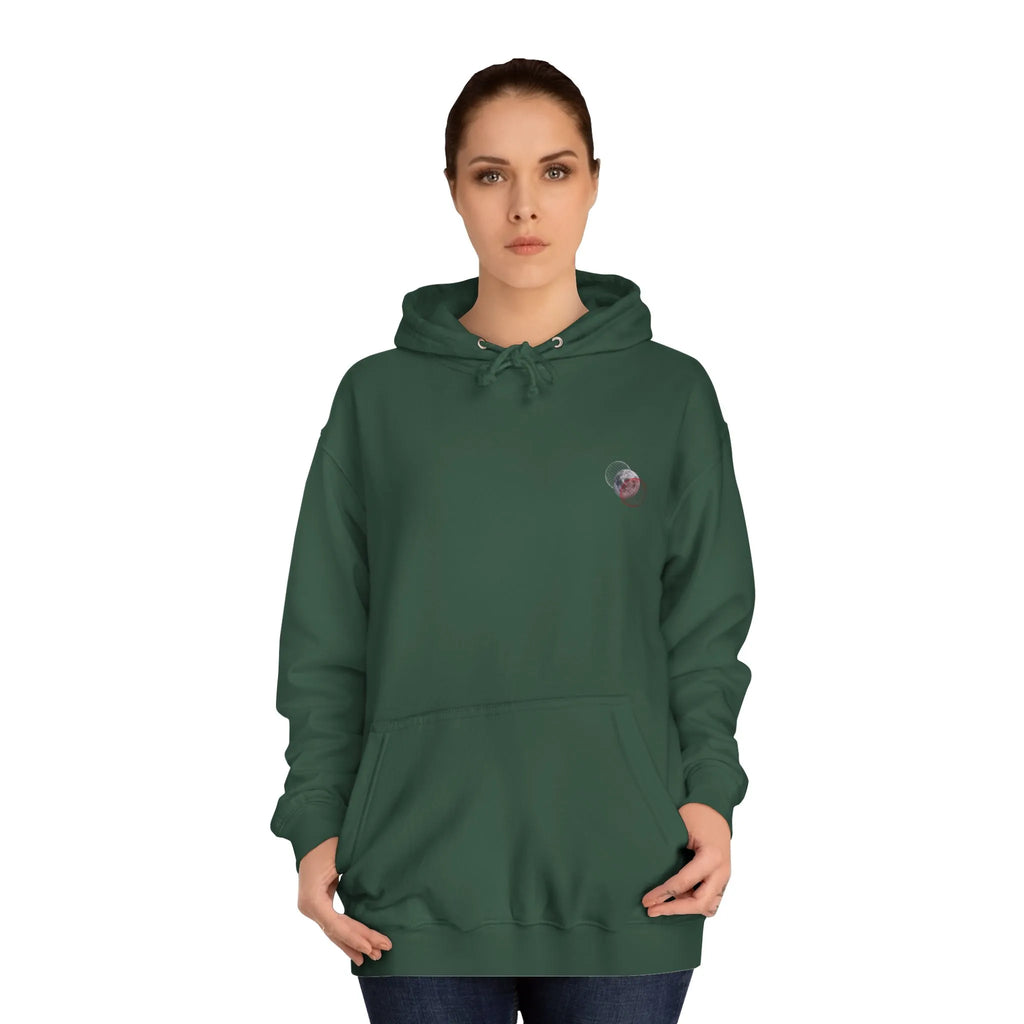 Woman wearing a brown hoodie with text on a white background