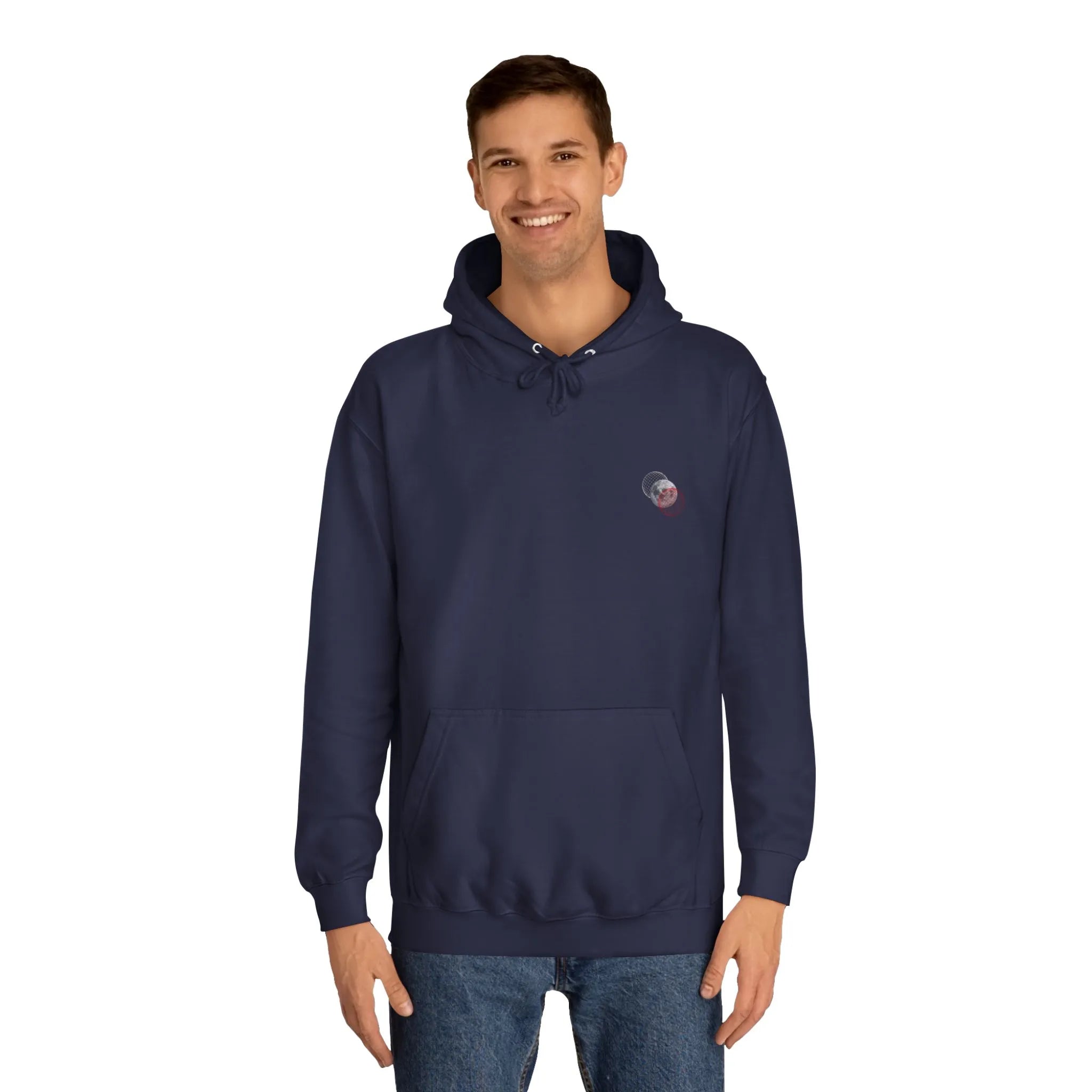 Man wearing a navy blue hoodie with text on a white background