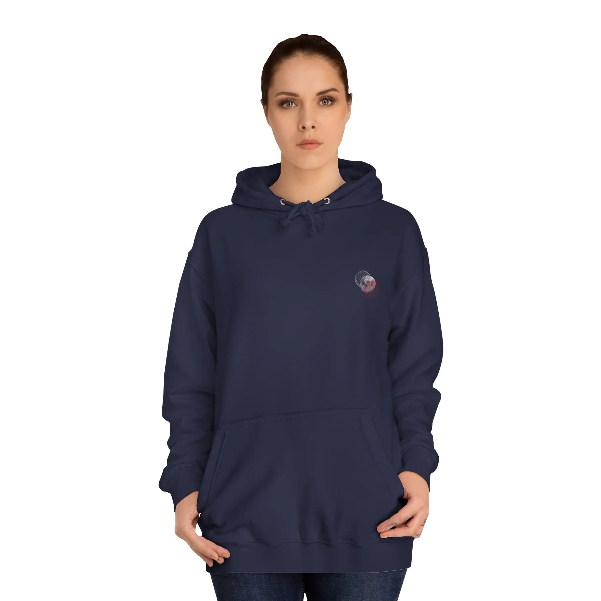 Woman wearing a black hoodie with text on a white background