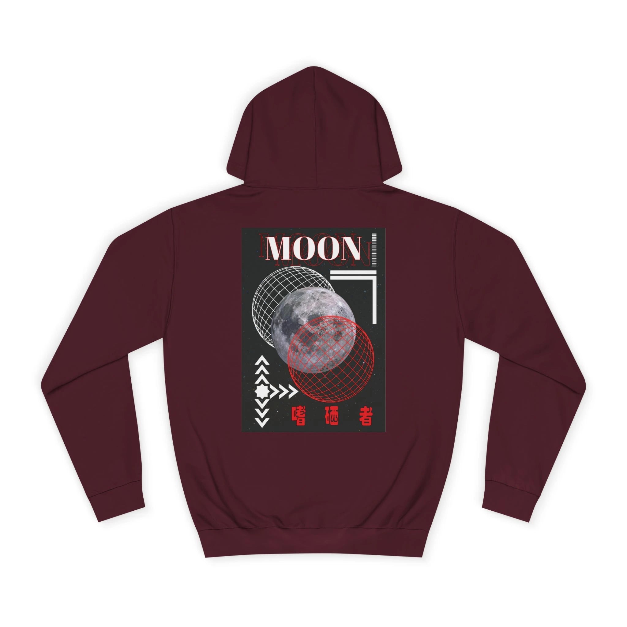 Maroon hoodie with moon graphic on the back against a white background