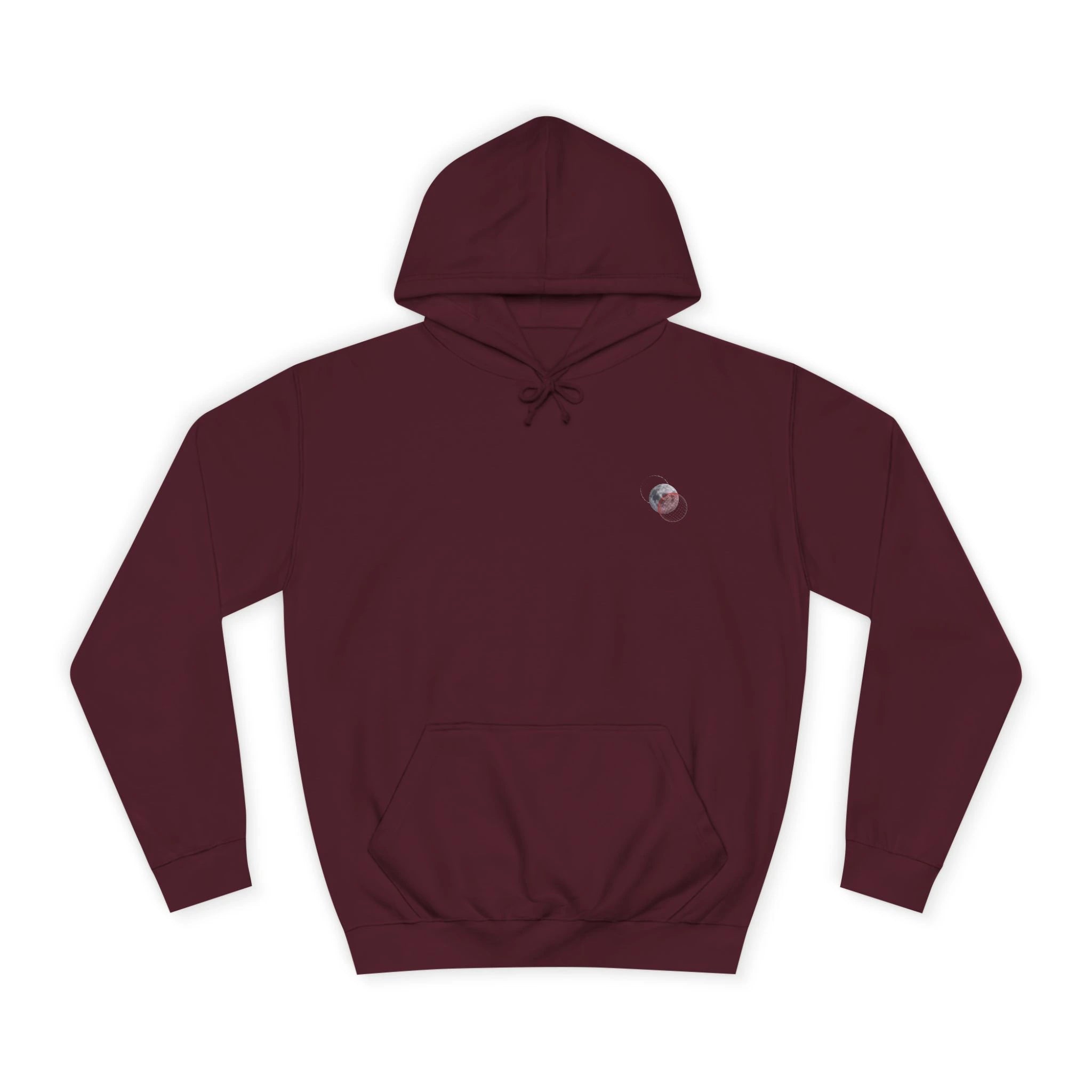 Maroon hoodie with a small logo on the chest against a white background