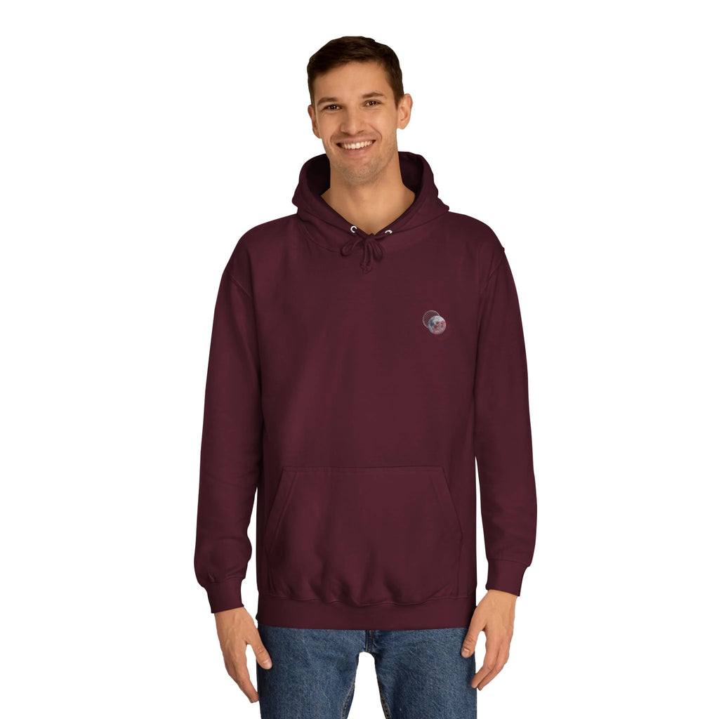 Person wearing a black hoodie with a logo on a white background
