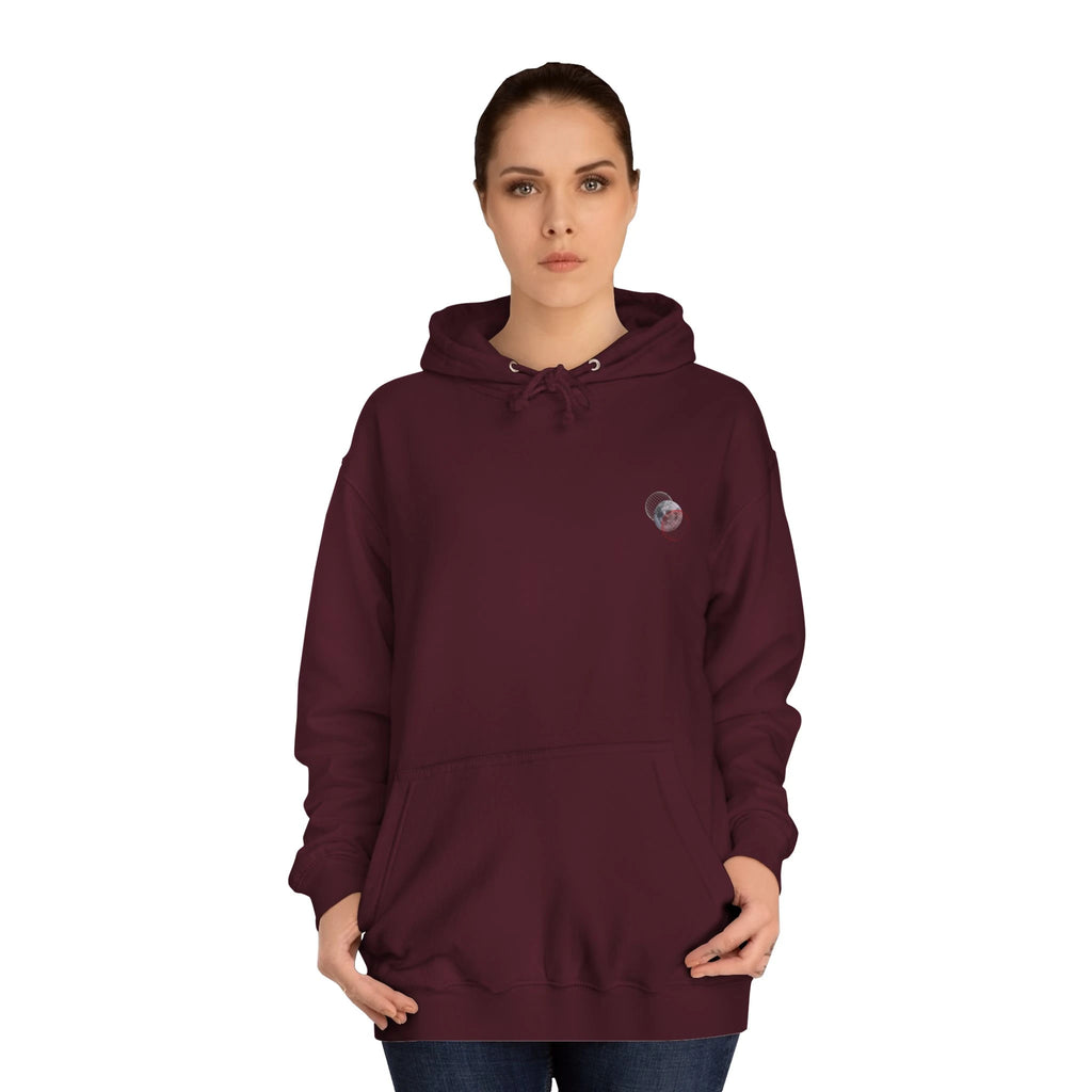 Maroon hoodie with a logo on a white background