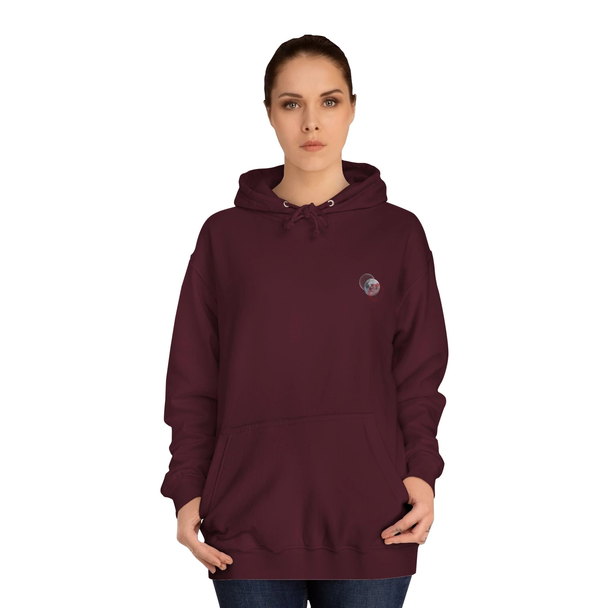 Maroon hoodie with a logo on a white background